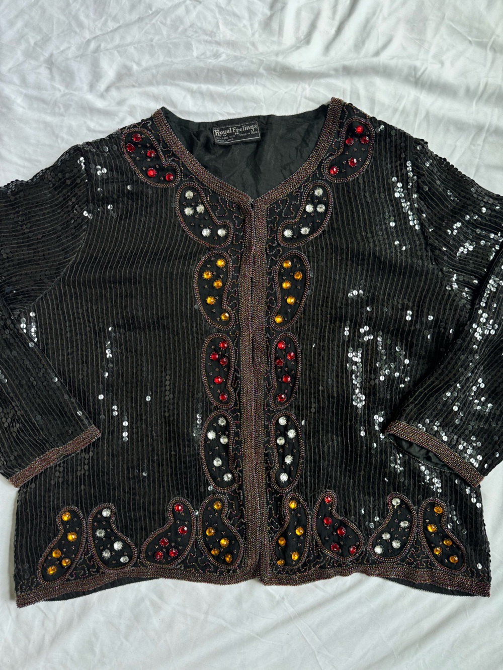 Vintage 80s Royal Feelings Black Sequin Jacket with Multicolor Bead Accents